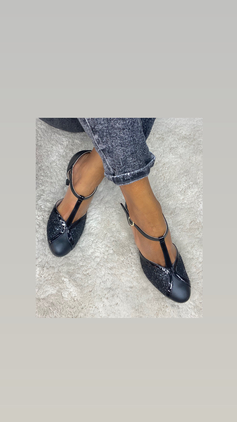 Scarpina artigianale nera glitter