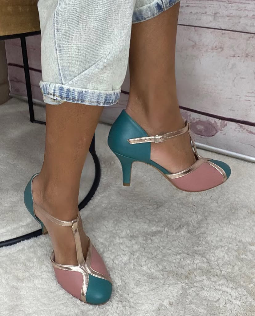 Tangherina artigianale nappa ottanio+nappa rosa+platino