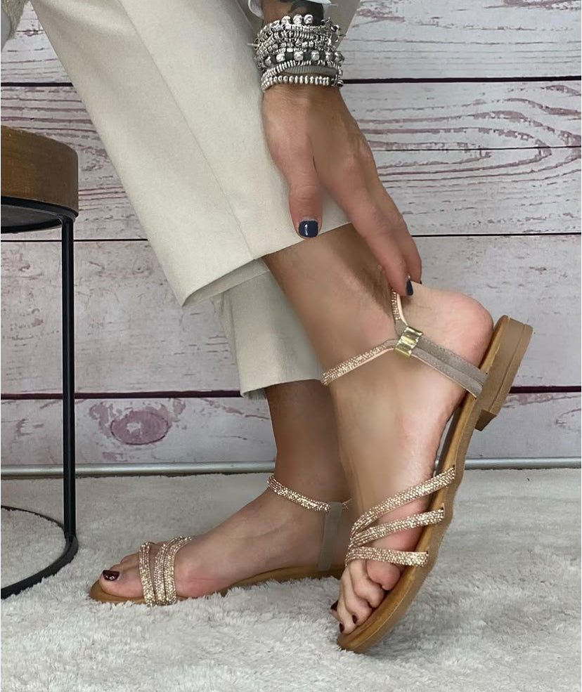 18+ Sandalo basso strass oro rosa