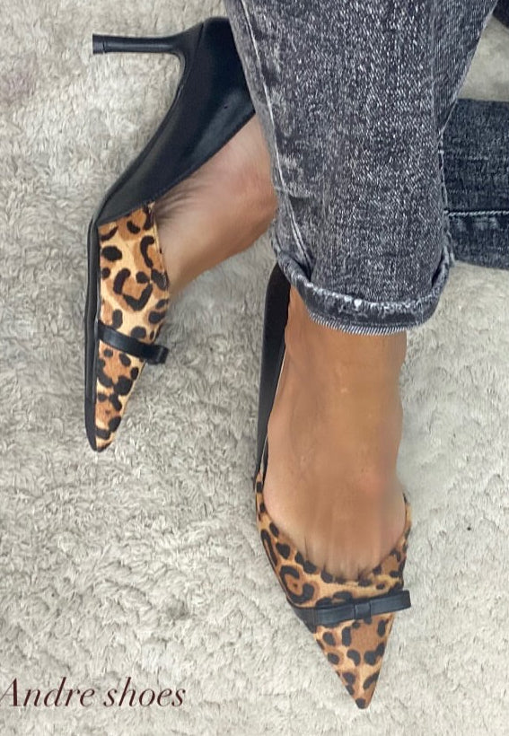 F.M. Décolleté pelle nera/leopardo tacco 7