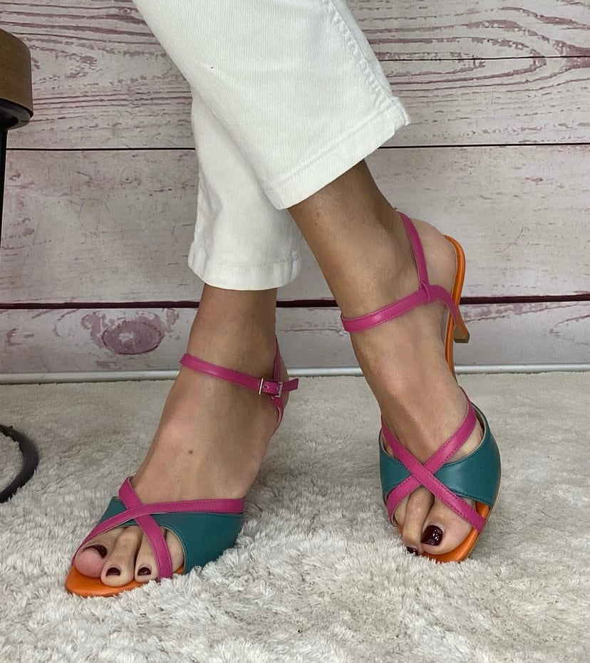 Mondie Sandalo nappa ottanio + nappa fucsia