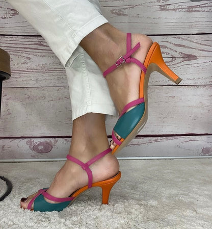 Mondie Sandalo nappa ottanio + nappa fucsia