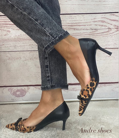 F.M. Décolleté pelle nera/leopardo tacco 7