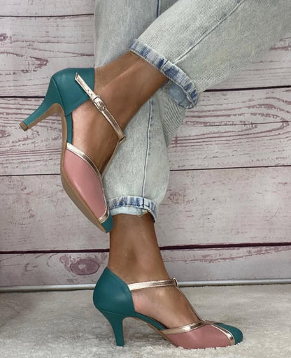 Tangherina artigianale nappa ottanio+nappa rosa+platino