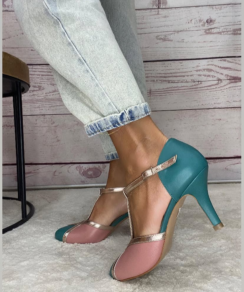 Tangherina artigianale nappa ottanio+nappa rosa+platino