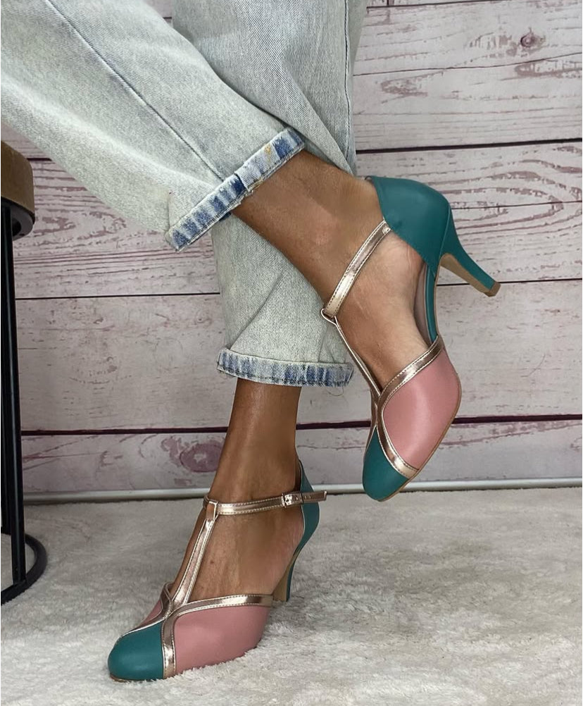 Tangherina artigianale nappa ottanio+nappa rosa+platino