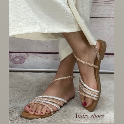 18+ Sandalo basso strass bicolor argento /cipria