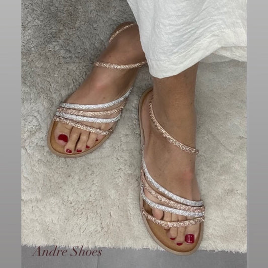 18+ Sandalo basso strass bicolor argento /cipria
