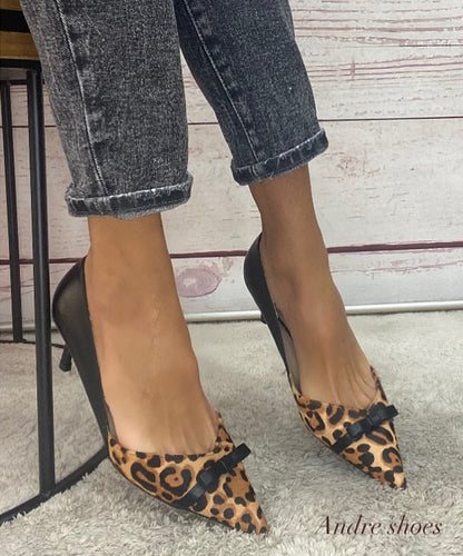 F.M. Décolleté pelle nera/leopardo tacco 7